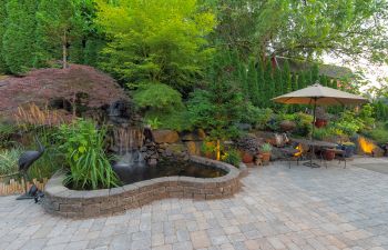 backyard with flagstone patio and hardscapes