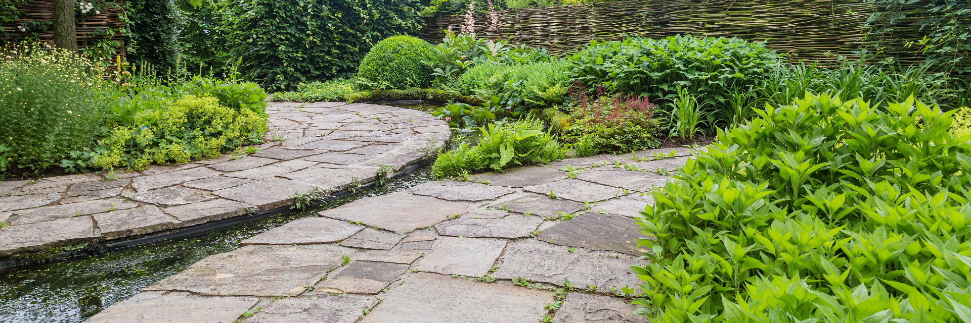 A landscaped garden with hardscapes.